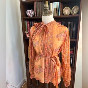 RAKSHA of Hindimp Silk Neck Bow Waist Tie Indian Block Print Blouse 70s SZ 12